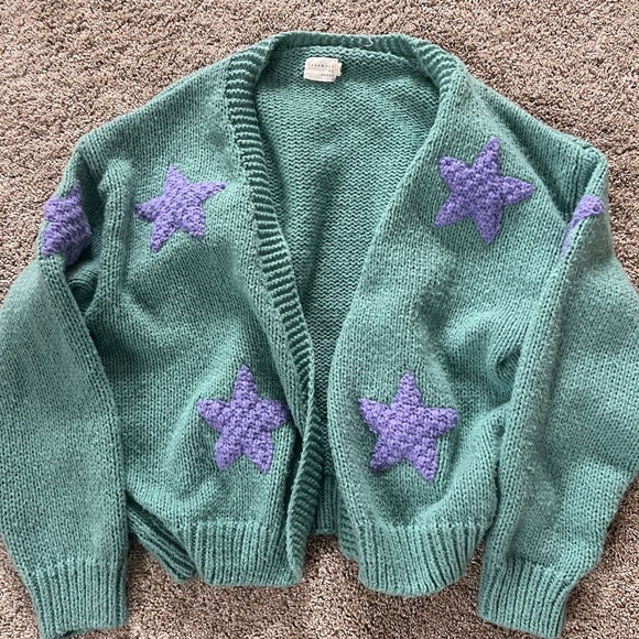 Dreamers By Debut Sweaters - Cozy Green Cardigan with Purple Star Accents